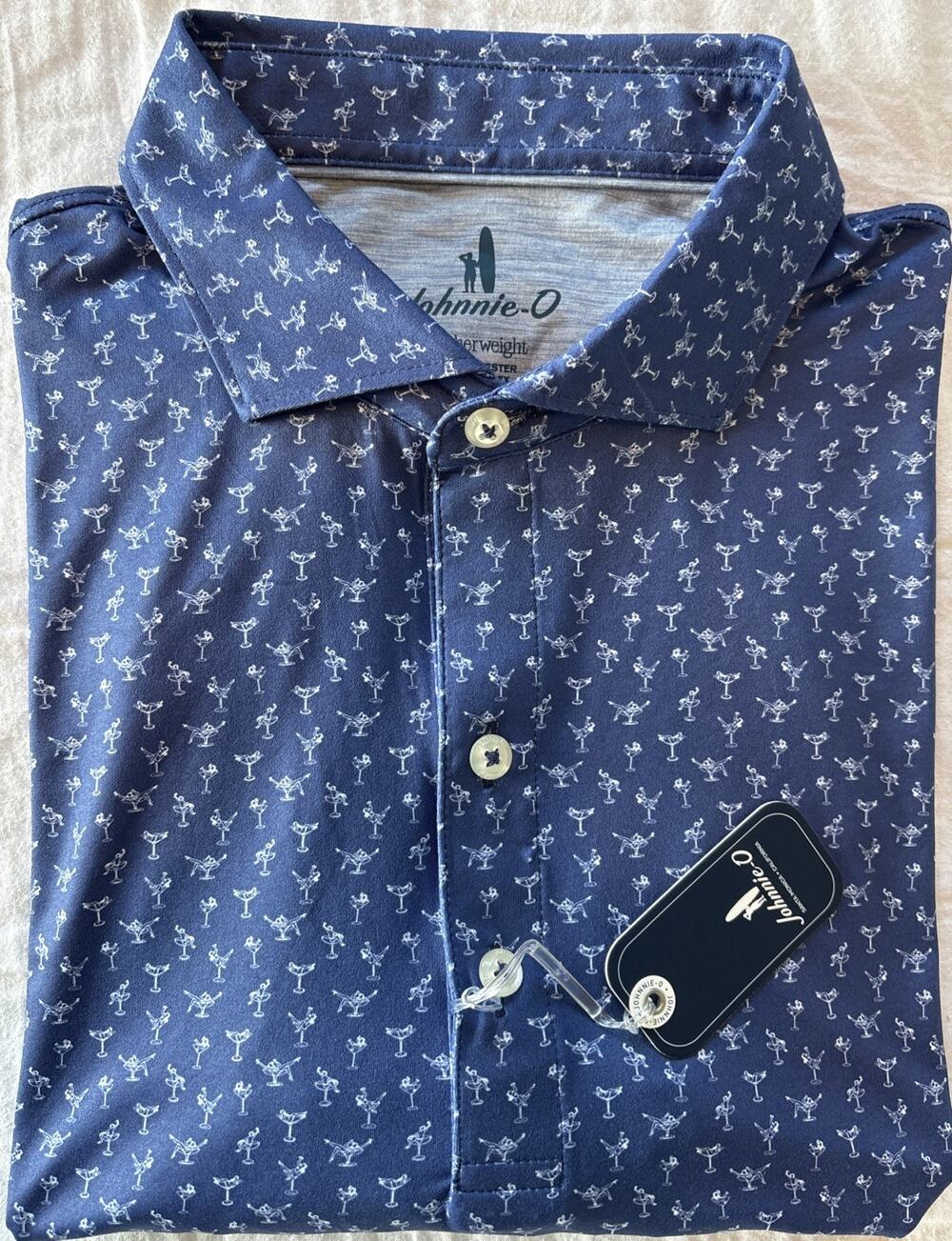 NWT Johnnie-O Featherweight Pin Up Polo Shirt Mens Small Martini AOP Lake Blue